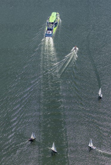 Aerial photo, excursion boat Westfalen on the Biggetalsperre, motorboat, Attendorn, Sauerland, North Rhine-Westphalia, Germany, excursion trips, excursion boat, Biggesee, Biggetalsperre, DE, Europe, shapes and colours, leisure, aerial photography, aerial photography, aerial photography, passenger boat Biggesee, lake, dam, overview, bird's-eye view, birds-eyes view, overview