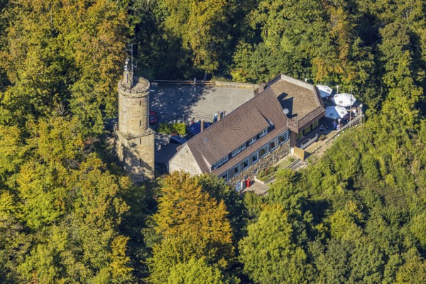 Aerial view, Iburg, Kaiser-Karls-Turm, Sachsenklause, Bad Driburg, Ostwestfalen-Lippe, North Rhine-Westphalia, Germany, beer garden, castle, café, DE, Eggegebirge, Europe, inn, gastronomy, Höhenburg, aerial view, aerial photography, aerial photography, OLWBUCH, OWL, OWL-Buch, East Westphalia, restaurant, ruin, tower, overview, bird's-eye view, forest area, birds-eyes view, historical sight, overview