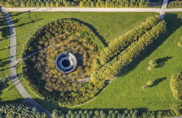 Aerial view, water crater of the Aqua Magica, fountain sculpture, Bad Oeynhausen, Ostwestfalen-Lippe, North Rhine-Westphalia, Germany, DE, Europe, aerial view, aerial photography, aerial photography, OLWBUCH, OWL, OWL-Buch, Ostwestfalen, brine spring, symbol, overview, bird's eye view, number 6, birds-eyes view, overview