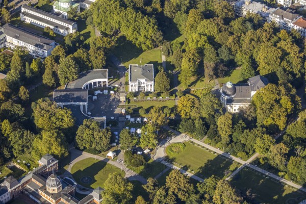 Aerial view, Bad Oeynhausen state bath, Wandelhalle, theatre in the park, spa gardens, Bad Oeynhausen, East Westphalia-Lippe, North Rhine-Westphalia, Germany, DE, Europe, in the spa gardens, culture, art, aerial view, aerial photography, aerial photography, OLWBUCH, OWL, OWL-Buch, East Westphalia, park, play, theatre, overview, events, venue, event location, bird's-eye view, birds-eyes view, cultural use, overview