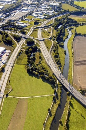Aerial view, motorway bridge of the A30 motorway over the river Werre, motorway junction Gohfeld, federal road B61, Löhne, East Westphalia-Lippe, North Rhine-Westphalia, Germany, motorway, bridge, DE, Europe, aerial view, aerial photography, aerial photography, OLWBUCH, OWL, OWL-Buch, East Westphalia, overview, bird's eye view, previous motorway junction Löhne, overview