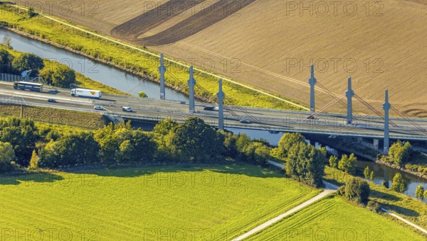 Aerial view, motorway bridge of the A30 motorway over the river Werre, Löhne, Ostwestfalen-Lippe, North Rhine-Westphalia, Germany, bridge, DE, Europe, aerial view, aerial photography, aerial photography, OLWBUCH, OWL, OWL-Buch, Ostwestfalen, overview, bird's-eye view, overview
