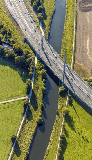 Aerial view, motorway bridge of the A30 motorway over the river Werre, Löhne, Ostwestfalen-Lippe, North Rhine-Westphalia, Germany, bridge, DE, Europe, aerial view, aerial photography, aerial photography, OLWBUCH, OWL, OWL-Buch, Ostwestfalen, overview, bird's-eye view, overview