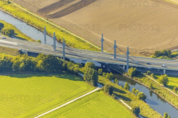 Aerial view, motorway bridge of the A30 motorway over the river Werre, Löhne, Ostwestfalen-Lippe, North Rhine-Westphalia, Germany, bridge, DE, Europe, aerial view, aerial photography, aerial photography, OLWBUCH, OWL, OWL-Buch, Ostwestfalen, overview, bird's-eye view, overview