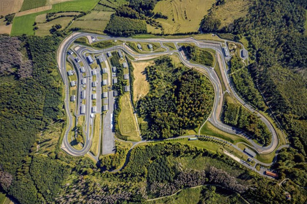 Aerial view, Bilster Berg race track, paddock, racing cars, Pömbsen, Bad Driburg, East Westphalia-Lippe, North Rhine-Westphalia, Germany, racetrack, Bilster Berg, pit halls, DE, Europe, aerial view, aerial photography, aerial photography, motorsport, OLWBUCH, OWL, OWL-Buch, East Westphalia, racing, race track, circuit, overview, bird's-eye view, forest area, birds-eyes view, overview