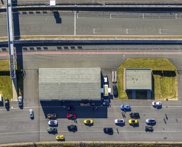Aerial view, Bilster Berg race track, paddock, racing cars, Pömbsen, Bad Driburg, East Westphalia-Lippe, North Rhine-Westphalia, Germany, racetrack, Bilster Berg, pit halls, DE, Europe, aerial view, aerial photography, aerial photography, motorsport, OLWBUCH, OWL, OWL-Buch, East Westphalia, racing, race track, circuit, overview, bird's-eye view, forest area, birds-eyes view, overview