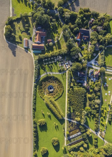 Aerial view, water crater of the Aqua Magica, fountain sculpture, Bad Oeynhausen, Ostwestfalen-Lippe, North Rhine-Westphalia, Germany, DE, Europe, aerial view, aerial photography, aerial photography, OLWBUCH, OWL, OWL-Buch, Ostwestfalen, brine spring, symbol, overview, bird's eye view, number 6, birds-eyes view, overview
