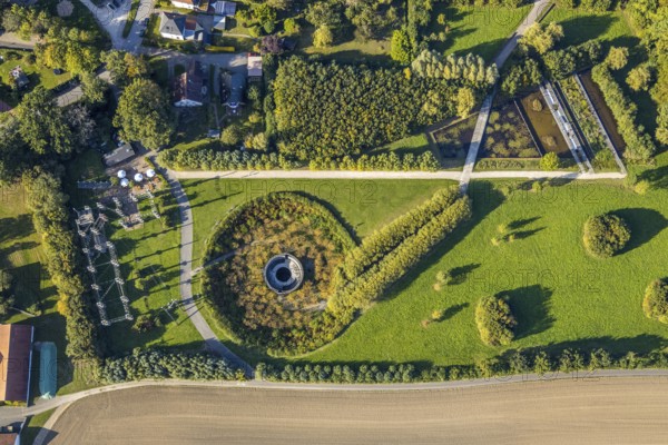 Aerial view, water crater of the Aqua Magica, fountain sculpture, Bad Oeynhausen, Ostwestfalen-Lippe, North Rhine-Westphalia, Germany, DE, Europe, aerial view, aerial photography, aerial photography, OLWBUCH, OWL, OWL-Buch, Ostwestfalen, brine spring, symbol, overview, bird's eye view, number 6, birds-eyes view, overview