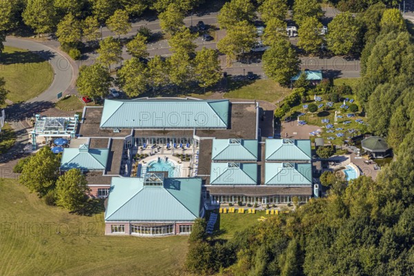 Aerial view, Driburg Therme, Bad Driburg, Ostwestfalen-Lippe, North Rhine-Westphalia, Germany, bathing establishment, bathing resort, DE, Europe, leisure, Georg-Nave-Straße, aerial view, aerial photography, aerial photography, OLWBUCH, OWL, OWL-Buch, Ostwestfalen, swimming pool, thermal mineral spring, thermal bath, overview, bird's-eye view, wellness, birds-eyes view, overview