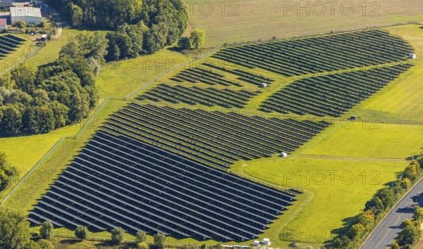 Aerial view, solar park, at the federal road B64, Herste, Bad Driburg, Ostwestfalen-Lippe, North Rhine-Westphalia, Germany, DE, Europe, shapes and colours, open space photovoltaic plant, aerial view, aerial photography, aerial photography, OLWBUCH, OWL, OWL-Buch, Ostwestfalen, photovoltaic, photovoltaic plant, solar, solar plant, solar energy, solar power plant, solar energy, overview, bird's eye view, birds-eyes view, overview