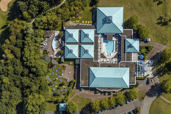Aerial view, Driburg Therme, Bad Driburg, Ostwestfalen-Lippe, North Rhine-Westphalia, Germany, bathing establishment, bathing resort, DE, Europe, leisure, Georg-Nave-Straße, aerial view, aerial photography, aerial photography, OLWBUCH, OWL, OWL-Buch, Ostwestfalen, swimming pool, thermal mineral spring, thermal bath, overview, bird's-eye view, wellness, birds-eyes view, overview