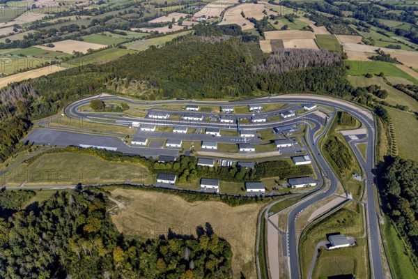 Aerial view, Bilster Berg race track, paddock, racing cars, Pömbsen, Bad Driburg, East Westphalia-Lippe, North Rhine-Westphalia, Germany, racetrack, Bilster Berg, pit halls, DE, Europe, aerial view, aerial photography, aerial photography, motorsport, OLWBUCH, OWL, OWL-Buch, East Westphalia, racing, race track, circuit, overview, bird's-eye view, forest area, birds-eyes view, overview
