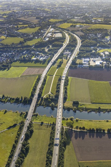 Aerial view, motorway A2, motorway bridges, river Weser, Weser bridge, Holtrup, Bad Oeynhausen, East Westphalia-Lippe, North Rhine-Westphalia, Germany, 2 bridges over the Weser, motorway, bridge, DE, Europe, aerial view, aerial photography, aerial photography, OLWBUCH, OWL, OWL-Buch, East Westphalia, overview, Unterloh, bird's-eye view, meadows and fields, birds-eyes view, overview
