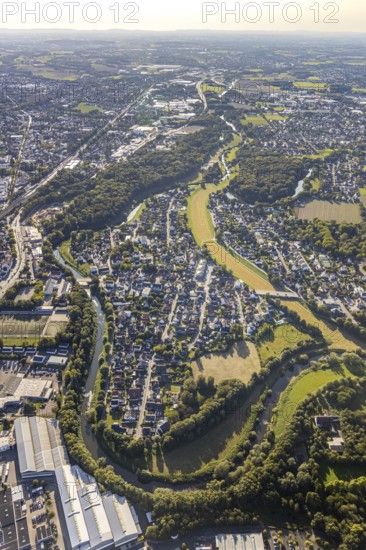 Aerial view, river Werre, Werre meander, flood trough, Bad Oeynhausen, Ostwestfalen-Lippe, North Rhine-Westphalia, Germany, DE, Eidinghausener Straße, Europe, distant view, property tax, real estate, aerial photograph, aerial photography, aerial photography, OLWBUCH, OWL, OWL-Buch, Ostwestfalen, overview, bird's eye view, housing estate, living and life, residential area, residential buildings, residential quality, residential neighbourhood, housing estate, birds-eyes view, overview