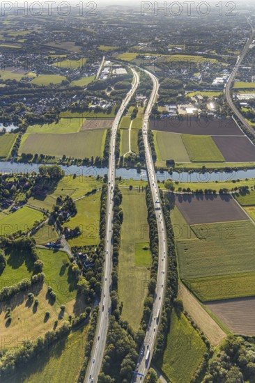 Aerial view, motorway A2, motorway bridges, river Weser, Weser bridge, Holtrup, Bad Oeynhausen, East Westphalia-Lippe, North Rhine-Westphalia, Germany, 2 bridges over the Weser, motorway, bridge, DE, Europe, aerial view, aerial photography, aerial photography, OLWBUCH, OWL, OWL-Buch, East Westphalia, overview, Unterloh, bird's-eye view, meadows and fields, birds-eyes view, overview