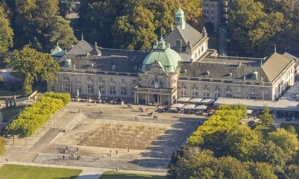 Aerial view, State Spa Bad Oeynhausen, GOP Varieté Theatre Kaiserpalais, water fountain field on the Kurhausplatz, Bad Oeynhausen, East Westphalia-Lippe, North Rhine-Westphalia, Germany, DE, Europe, fountain, in the spa garden, culture, art, spa gardens, aerial view, aerial photography, aerial photography, OLWBUCH, OWL, OWL book, East Westphalia, drama, theatre, overview, events, event location, bird's eye view, birds-eyes view, cultural use, overview