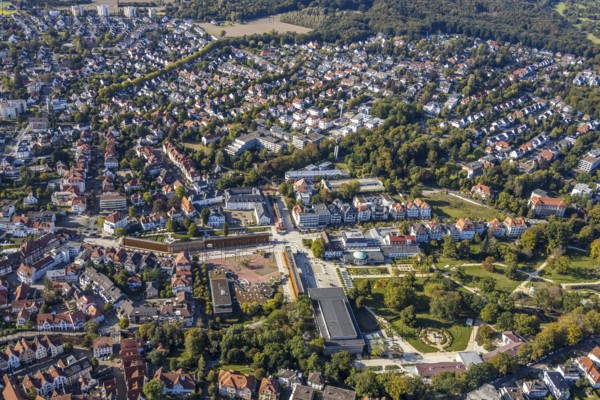 Aerial view, graduation works Bad Salzuflen, rose garden, spa gardens, concert hall in the spa gardens, Bad Salzuflen, East Westphalia-Lippe, North Rhine-Westphalia, Germany, DE, Europe, graduation works, culture, art, aerial photography, aerial photography, OLWBUCH, OWL, OWL-Buch, East Westphalia, park, Parkstraße, thermal baths, overview, events, event location, event venue, bird's-eye view, birds-eyes view, cultural use, overview