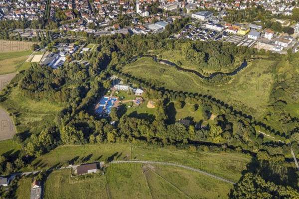 Aerial photo, Bega Bad, river Bega, Bad Salzuflen, Ostwestfalen-Lippe, North Rhine-Westphalia, Germany, bathing establishment, bathing resort, Begakamp, DE, adventure pool, Europe, outdoor pool, leisure, leisure pool, sunbathing lawn, aerial photo, aerial photography, OLWBUCH, OWL, OWL-Buch, Ostwestfalen, swimming pool, swimming pool, swimming pleasure, overview, bird's eye view, water fun, bathing, birds-eyes view, overview, swimming