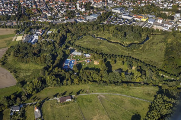 Aerial photo, Bega Bad, river Bega, Bad Salzuflen, Ostwestfalen-Lippe, North Rhine-Westphalia, Germany, bathing establishment, bathing resort, Begakamp, DE, adventure pool, Europe, outdoor pool, leisure, leisure pool, sunbathing lawn, aerial photo, aerial photography, OLWBUCH, OWL, OWL-Buch, Ostwestfalen, swimming pool, swimming pool, swimming pleasure, overview, bird's eye view, water fun, bathing, birds-eyes view, overview, swimming