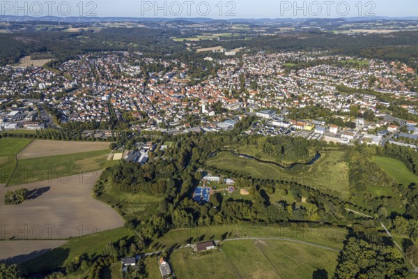 Aerial view, Bega Bad, town view, river Bega, Bad Salzuflen, East Westphalia-Lippe, North Rhine-Westphalia, Germany, bathing establishment, bathing resort, Begakamp, DE, adventure pool, Europe, distant view, outdoor pool, leisure, leisure pool, sunbathing lawn, aerial view, aerial photography, aerial photography, OLWBUCH, OWL, OWL-Buch, Ostwestfalen, swimming pool, swimming pleasure, townscape, city area, city centre, overview, bird's-eye view, water fun, bathing, birds-eyes view, overview, swimming