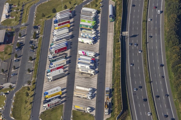 Aerial view, motorway service area Lipperland Nord, Lockhausen, Bad Salzuflen, Ostwestfalen-Lippe, North Rhine-Westphalia, Germany, motorway A2, DE, Europe, truck parking, aerial view, aerial photography, aerial photography, OLWBUCH, OWL, OWL-Buch, Ostwestfalen, rest area, rest stop, road traffic, overview, bird's eye view, birds-eyes view, overview