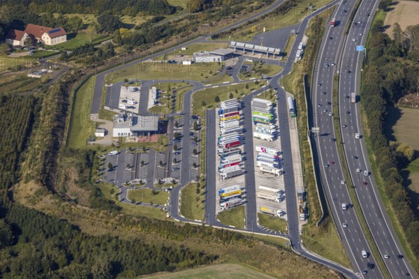Aerial view, motorway service area Lipperland Nord, Lockhausen, Bad Salzuflen, Ostwestfalen-Lippe, North Rhine-Westphalia, Germany, motorway A2, DE, Europe, truck parking, aerial view, aerial photography, aerial photography, OLWBUCH, OWL, OWL-Buch, Ostwestfalen, rest area, rest stop, road traffic, overview, bird's eye view, birds-eyes view, overview