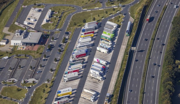 Aerial view, motorway service area Lipperland Nord, Lockhausen, Bad Salzuflen, Ostwestfalen-Lippe, North Rhine-Westphalia, Germany, motorway A2, DE, Europe, truck parking, aerial view, aerial photography, aerial photography, OLWBUCH, OWL, OWL-Buch, Ostwestfalen, rest area, rest stop, road traffic, overview, bird's eye view, birds-eyes view, overview