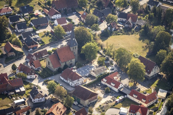 Aerial view, Church of St. Pantaleon Lohne, Lohne, Bad Sassendorf, District of Soest, North Rhine-Westphalia, Germany, place of worship, DE, Europe, religious community, place of worship, sacred site, church, parish, denomination, District of Soest-Buch, District of Soest-Buch, aerial view, aerial photography, aerial photography, religion, religious site, pond road, overview, bird's-eye view, overview