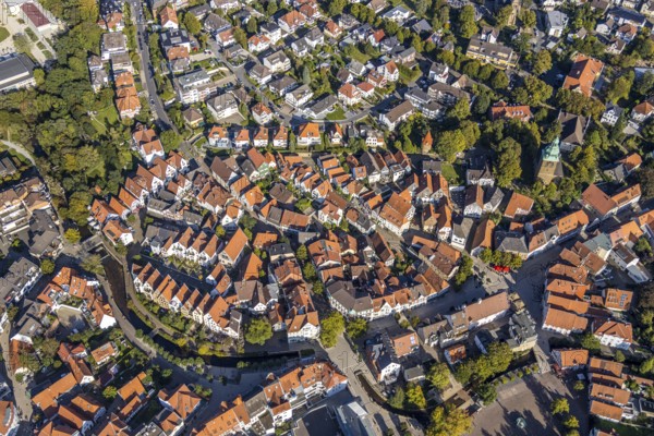 Aerial view, river Salze, old town Bad Salzuflen, East Westphalia-Lippe, North Rhine-Westphalia, Germany, Bad Salzuflen, City, DE, Europe, property tax, real estate, city centre, aerial view, aerial photography, aerial photography, OLWBUCH, OWL, OWL-Buch, local view, East Westphalia, townscape, city area, city centre, overview, bird's-eye view, residential area, living and living, residential area, residential buildings, residential quality, residential quarter, residential estate, birds-eyes view, overview