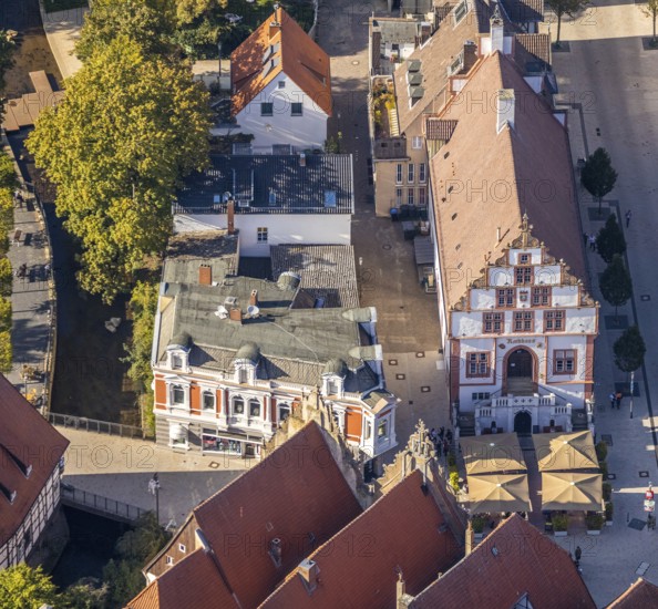 Aerial view, historic town hall, registry office, Am Markt, Bad Salzuflen, Ostwestfalen-Lippe, North Rhine-Westphalia, Germany, DE, Europe, aerial view, aerial photography, aerial photography, OLWBUCH, OWL, OWL-Buch, Ostwestfalen, overview, bird's eye view, Weser Renaissance, birds-eyes view, historic sight, overview