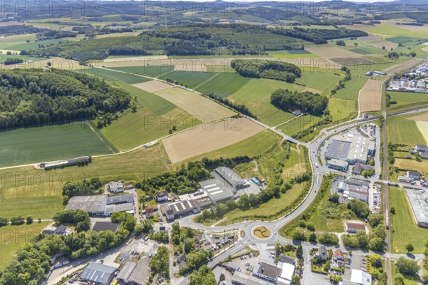 Aerial view, industrial estate Am Pickhammer, Balve, Sauerland, North Rhine-Westphalia, Germany, DE, Europe, hilly landscape, roundabout, aerial view, aerial photography, aerial photography, overview, bird's-eye view, meadows and fields, birds-eyes view, overview