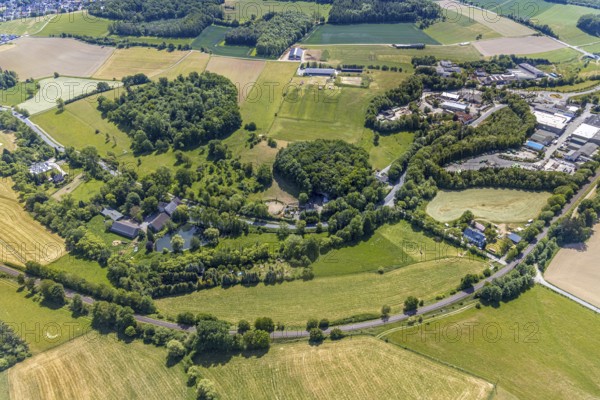 Aerial view, Frühlingshauser Höhle, Am Pickhammer, commercial area Am Pickhammer, Balve, Sauerland, North Rhine-Westphalia, Germany, DE, Europe, commercial enterprises, commercial area, commercial site, commercial use, industrial area, industrial site, aerial photograph, aerial photography, aerial photography, overview, bird's-eye view, meadows and fields, birds-eyes view, overview