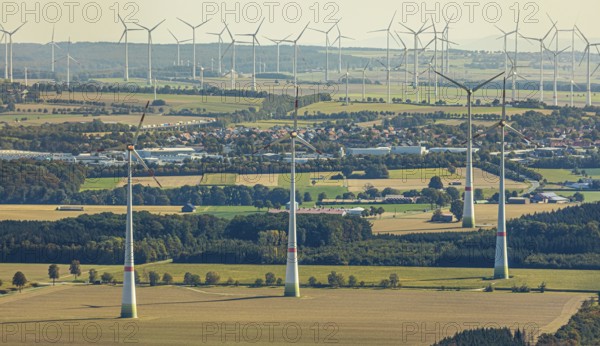 Aerial photo, wind turbines, Wewelsburg, Büren, Ostwestfalen-Lippe, North Rhine-Westphalia, Germany, DE, energy, energy industry, Europe, distant view, aerial view, aerial photography, aerial photography, OLWBUCH, OWL, OWL-Buch, Ostwestfalen, electricity, overview, bird's-eye view, WEA, meadows and fields, wind energy, wind turbine, wind farm, wind power, wind power plant, wind park, birds-eyes view, overview