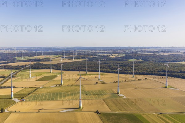 Aerial photo, wind turbines, Wewelsburg, Büren, Ostwestfalen-Lippe, North Rhine-Westphalia, Germany, DE, energy, energy industry, Europe, distant view, aerial view, aerial photography, aerial photography, OLWBUCH, OWL, OWL-Buch, Ostwestfalen, electricity, overview, bird's-eye view, WEA, meadows and fields, wind energy, wind turbine, wind farm, wind power, wind power plant, wind park, birds-eyes view, overview
