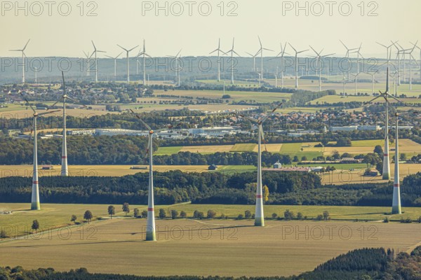 Aerial photo, wind turbines, Wewelsburg, Büren, Ostwestfalen-Lippe, North Rhine-Westphalia, Germany, DE, energy, energy industry, Europe, distant view, aerial view, aerial photography, aerial photography, OLWBUCH, OWL, OWL-Buch, Ostwestfalen, electricity, overview, bird's-eye view, WEA, meadows and fields, wind energy, wind turbine, wind farm, wind power, wind power plant, wind park, birds-eyes view, overview