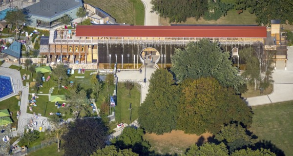 Aerial view, graduation house, Sassendorf, Bad Sassendorf, district of Soest, North Rhine-Westphalia, Germany, salt production plant, DE, Europe, green spaces, wooden scaffolding, district of Soest-Buch, district of Soest-Buch, spa gardens, aerial view, aerial photography, aerial photography, overview, bird's-eye view, overview