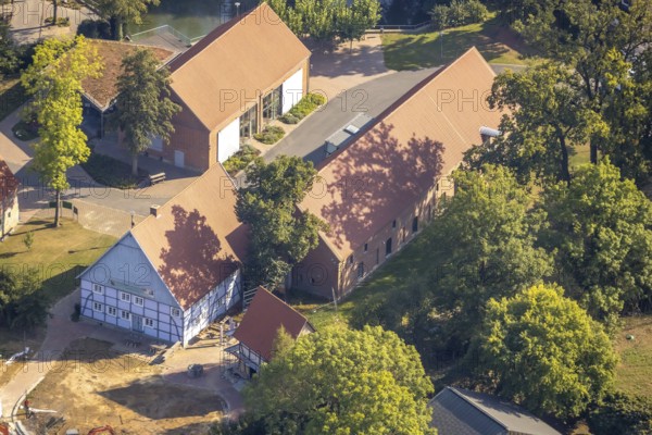 Aerial photograph, Westphalian Salt Worlds Museum, culture barn at Haulle Farm, Sassendorf, Bad Sassendorf, Soest district, North Rhine-Westphalia, Germany, An der Rosenau, construction work, building, construction area, building site, building plots, construction project, construction site, DE, adventure museum, Europe, Kreis-Soest-Buch, KreisSoestBuch, culture, art, art museum, aerial photography, aerial photography, aerial photography, museum, overview, events, event location, event venue, bird's-eye view, birds-eyes view, cultural use, overview