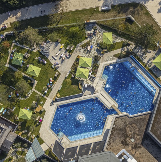 Aerial view, Börde Therme Bad Sassendorf, Sassendorf, Bad Sassendorf, Kreis Soest, North Rhine-Westphalia, Germany, bathing establishment, bathing resort, DE, Europe, outdoor pool, leisure, garden road, green areas, Kreis-Soest-Buch, KreisSoestBuch, spa gardens, aerial view, aerial photography, aerial photography, swimming pool, swimming pool, thermal bath, overview, bird's-eye view, overview