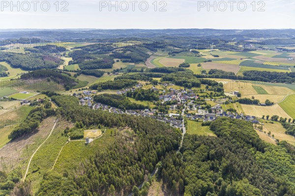 Aerial view, aerial view of Eisborn, Balve, Sauerland, North Rhine-Westphalia, Germany, DE, village view, Europe, property tax, hilly landscape, real estate, aerial view, aerial photography, aerial photography, local view, overview, bird's eye view, forest area, meadows and fields, residential area, living and living, residential area, residential buildings, housing estate, birds-eyes view, overview