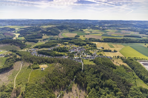 Aerial view, aerial view district Eisborn, Balve, Sauerland, North Rhine-Westphalia, Germany, DE, Europe, property tax, hilly landscape, real estate, aerial view, aerial photography, aerial photography, local view, overview, bird's eye view, forest area, meadows and fields, residential area, living and living, residential area, residential buildings, housing estate, birds-eyes view, overview
