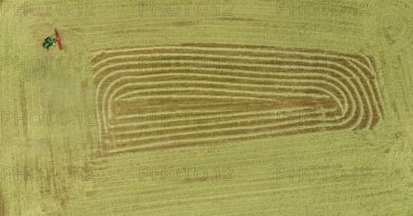 Aerial view, agricultural fields, hay harvest, tractor mowing meadow, Liboriweg, Balve, Sauerland, North Rhine-Westphalia, Germany, DE, Europe, shapes and colours, agriculture, aerial photography, aerial photography, aerial photography, overview, bird's-eye view, meadows and fields, birds-eyes view, overview