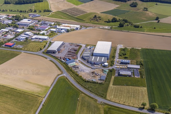 Aerial view, commercial area Braukessiepen, Balve, Sauerland, North Rhine-Westphalia, Germany, Am Pickhammer, DE, Europe, commercial enterprises, commercial area, commercial park, commercial location, commercial use, industrial area, industrial location, aerial photograph, aerial photography, aerial photography, overview, bird's-eye view, bird's-eye view, overview
