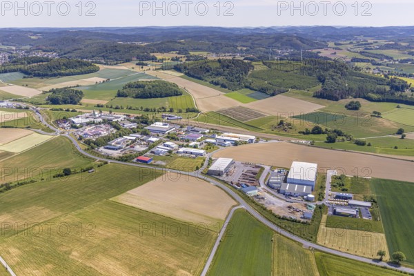 Aerial view, commercial area Braukessiepen, Balve, Sauerland, North Rhine-Westphalia, Germany, Am Pickhammer, DE, Europe, commercial enterprises, commercial area, commercial park, commercial location, commercial use, industrial area, industrial location, aerial photograph, aerial photography, aerial photography, overview, bird's-eye view, bird's-eye view, overview