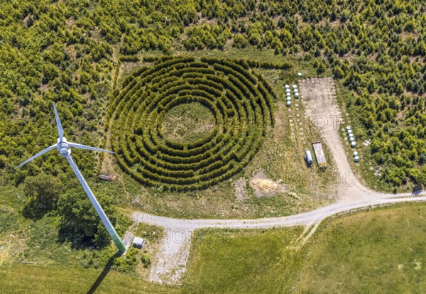 Aerial view, windmill, labyrinth, Schultenhof, Balve, Sauerland, North Rhine-Westphalia, Germany, DE, Europe, shapes and colours, garden art, maze, art, aerial view, aerial photography, aerial photography, sense of direction, planting, overview, bird's-eye view, overview