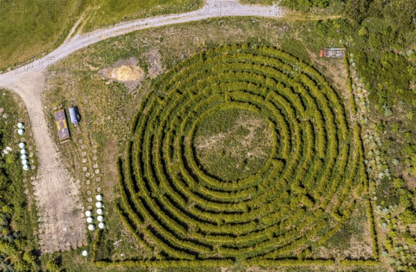 Aerial view, labyrinth, Schultenhof, Balve, Sauerland, North Rhine-Westphalia, Germany, DE, Europe, shapes and colours, garden art, maze, art, aerial view, aerial photography, aerial photography, sense of direction, planting, overview, bird's eye view, birds-eyes view, overview