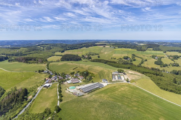 Aerial view, Schultenhof, Leveringhausen 1, Balve, Sauerland, North Rhine-Westphalia, Germany, farm, DE, Europe, agriculture, farm, farm business, aerial view, aerial photography, aerial photography, local recreation area, overview, farm holidays, bird's-eye view, meadows and fields, birds-eyes view, overview