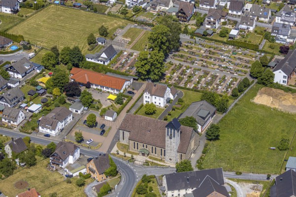Aerial view, Catholic Church of St. Three Kings, Catholic Kindergarten of St. Three Kings, Catholic Cemetery of St. Three Kings Garbeck, Balve, Sauerland, North Rhine-Westphalia, GermanyDrei-Könige Garbeck, Balve, Sauerland, North Rhine-Westphalia, Germany, place of worship, burial place, DE, Europe, cemetery, memorial, religious community, place of worship, house of God, graves, burial ground, kindergarten, day nursery, day nursery, church, parish, day nursery, denomination, aerial view, aerial photography, aerial photography, resting place, overview, bird's-eye view, overview