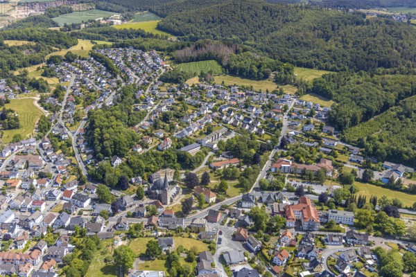 Aerial view, aerial view Blave, Church of St. Blasius, Balve, Sauerland, North Rhine-Westphalia, Germany, place of worship, City, DE, Europe, religious community, place of worship, property tax, real estate, city centre, church, parish, church square, denomination, aerial photograph, aerial photography, aerial photography, townscape, townscape, urban area, city centre, overview, bird's eye view, residential complex, living and life, residential area, residential buildings, residential quality, housing estate, birds-eyes view, overview
