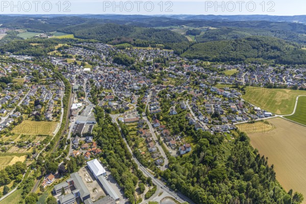 Aerial view, aerial view Balve, Pickhardt & Gerlach GmbH, Raiffeisen Sauerland Hellweg Lippe, An der Kormke, Balve, Sauerland, North Rhine-Westphalia, Germany, DE, Europe, commercial enterprises, commercial area, commercial area, commercial location, commercial use, aerial photograph, aerial photography, aerial photography, townscape, townscape, city area, city centre, overview, bird's eye view, birds-eyes view, overview