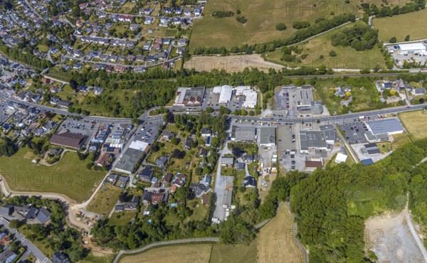 Aerial view, retail mile, shopping street Hönnetalstraße, Bundesstraße 229, Balve, Sauerland, North Rhine-Westphalia, Germany, DE, shopping, shopping mall, shopping mile, shopping markets, shopping place, shopping street, shopping centre, Europe, aerial view, aerial photography, aerial photography, local supply centre, overview, bird's-eye view, overview